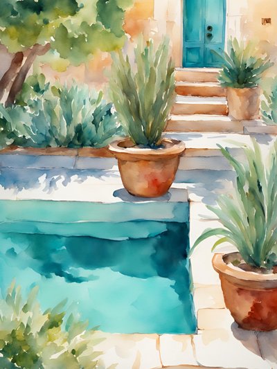 Jardim mediterrânico junto à piscina de Ohkimiko
