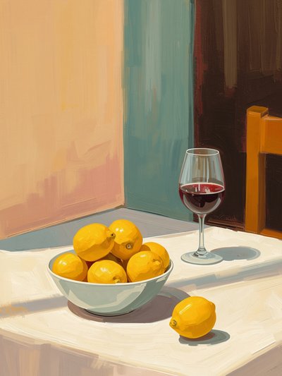 Natureza-morta com limões e copo de vinho tinto de Ohkimiko