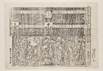 Playbill for Season-opening Programme (Kaomise banzuke) (impressão a cores de bloco de madeira) de Okayama Shigenobu