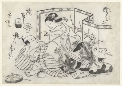 Japonês e mulher fumando na frente de uma tela dobrável de Okumura Masanobu (attributed to)