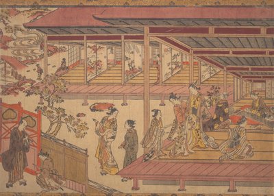 Um homem de pé fora do portão de uma grande casa de Okumura Masanobu