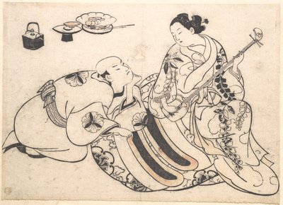 Um homem ajoelhado, inclinado para a frente e a ouvir uma oiran que toca shamisen de Okumura Masanobu