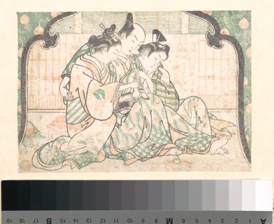 Um jovem sentado entre duas mulheres de Okumura Masanobu