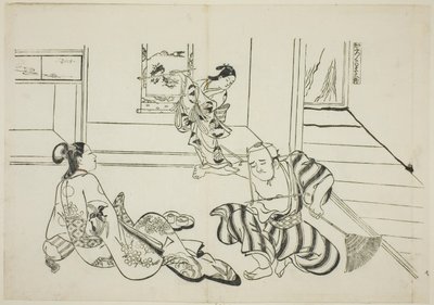 Atendente Infantil e Tengu Careca do Monte Kurama (Kaburo Kurama Tengu), no. 7 de uma série de 12 gravuras que retratam paródias de peças de Okumura Masanobu