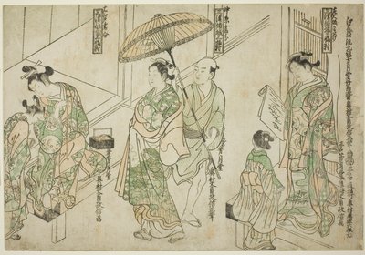 Cortesãs desenhadas em estilo Osaka (direita), estilo Kyoto (centro) e estilo Edo (esquerda), de "Cortesãs das Três Capitais: Um Conjunto de Três (Sanga no tsu keisei sanpukutsui)" de Okumura Masanobu