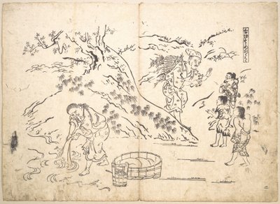 Um apanhador de lenha encontra um rapaz com um pardal de Okumura Masanobu