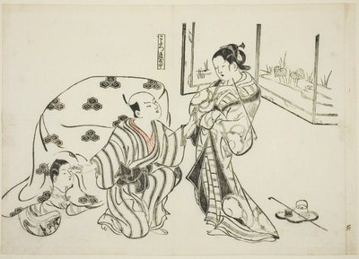 Kotatsu Dojoji, nº. 5 de uma série de 12 gravuras que retratam paródias de peças de Okumura Masanobu