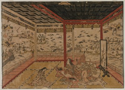Lady Murasaki em Ishiyama com vista para um panorama com oito vistas do Lago Biwa de Okumura Masanobu