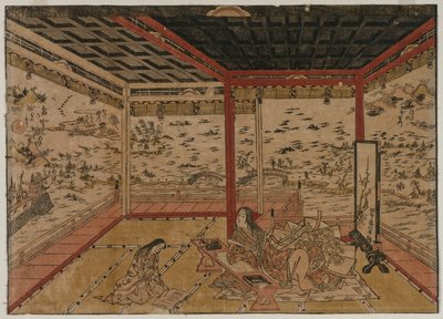 Lady Murasaki em Ishiyama, com vista para um panorama com sete vistas do Lago Biwa, década de 1740. de Okumura Masanobu