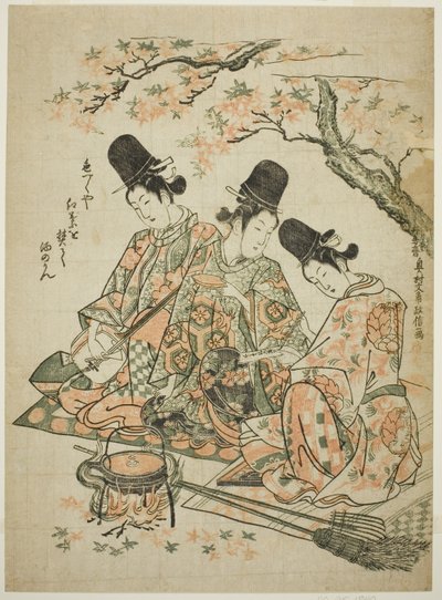 Paródia de atendentes do palácio queimando folhas de bordo para aquecer saquê de "The Tale of Heike" de Okumura Masanobu