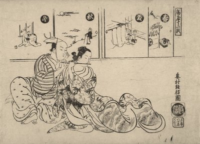 Paródia do romance entre o imperador Xuanzong e Yang Guifei de Okumura Masanobu