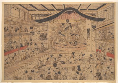 Vista em perspetiva (uki-e) de um teatro kabuki, com uma representação de Os padrões heráldicos dos irmãos Soga e Nagoya Sanza (Mon-zukushi Nagoya Soga) de Okumura Masanobu