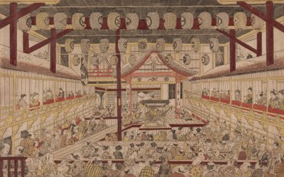Vista em perspectiva do interior do teatro Nakamura com Ichikawa Ebizo II como Yanone Goro, 1740 de Okumura Masanobu