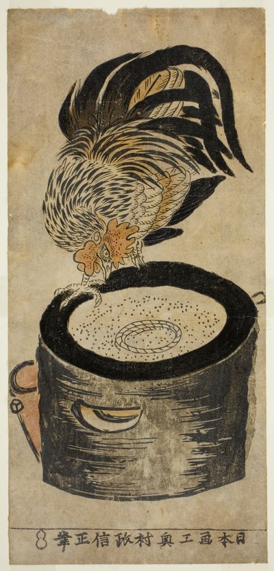 Galo empoleirado na argamassa de Okumura Masanobu