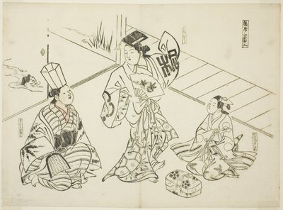 Dança de Sanbaso num bordel (Ageya sanbaso), n.º 1 de uma série de 12 gravuras que representam paródias de peças de teatro de Okumura Masanobu