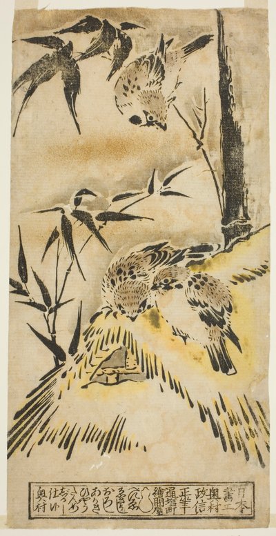 Pardais, telhado de palha e bambu de Okumura Masanobu