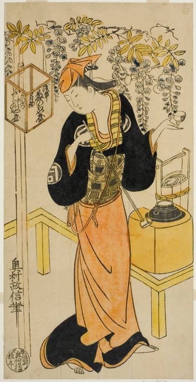 O ator Sanogawa Mangiku I como Ohatsu na peça "Sogazaki Shinju", apresentada no Teatro Nakamura no quarto mês de 1719 de Okumura Masanobu