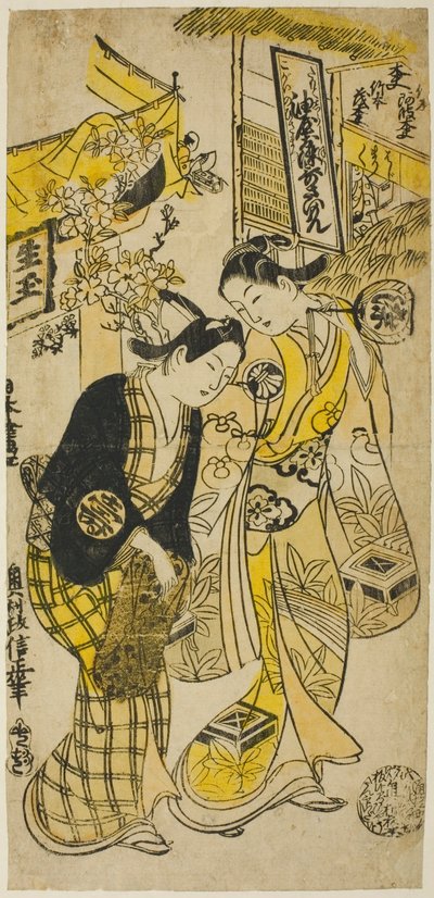 Os atores Segawa Kikunojo I como Osome e Sodesaki Kikutaro como Hisamatsu na peça "Osome Hisamatsu Shinju", apresentada no Teatro Nakamura no sexto mês de 1731 de Okumura Masanobu