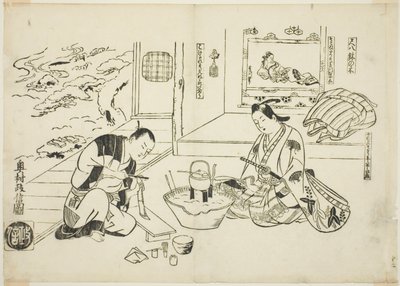 A Flauta de Bambu e a Árvore em Vaso (Shakuhachi hachi-no-ki), nº. 12 de uma série de 12 gravuras que retratam paródias de peças de Okumura Masanobu