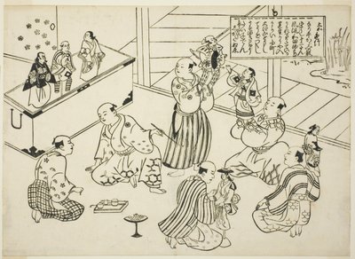 O camarim de um teatro de marionetes, o índice da série "Cenas famosas de peças de marionetes japonesas (Yamato irotake)" de Okumura Masanobu