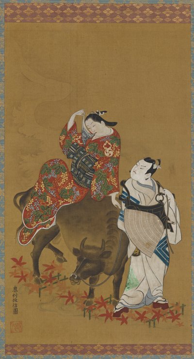 Dois atores kabuki nos papéis de uma cortesã em um búfalo e um padre viajante, 1686-1764. de Okumura Masanobu