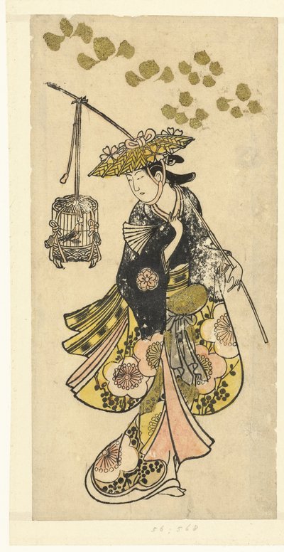 Mulher jovem com gaiola de pássaros de Okumura Toshinobu (attributed to)