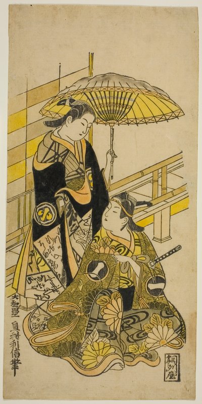 Os atores Ichikawa Monnosuke I como Kusunoki Masatsura e Arashi Wakano como Oyuki na peça "Honen Taiheiki", apresentada no Teatro Nakamura no décimo primeiro mês de 1723 de Okumura Toshinobu