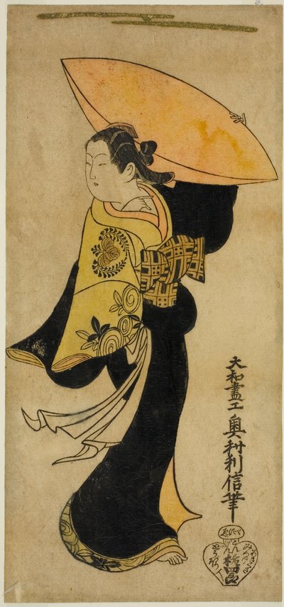 O ator Fujimura Handayu II como Nowake no Mae na peça "Tategami Teika Kazura", apresentada no Teatro Ichimura no décimo primeiro mês de 1719 de Okumura Toshinobu