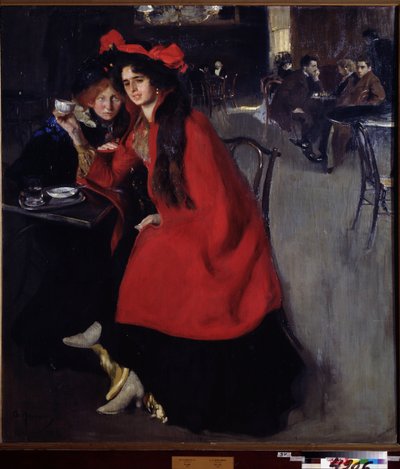 Em um café (Em um Café). Cena em um café provavelmente em Paris. Pintura de Alexander Alexandrovich Murashko (Alexander Murashko) (1875-1919), óleo sobre tela de Oleksandr Murashko