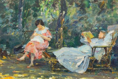 Ler e tricotar no jardim (óleo sobre painel) de Olga (1881 1941) Slomszynska