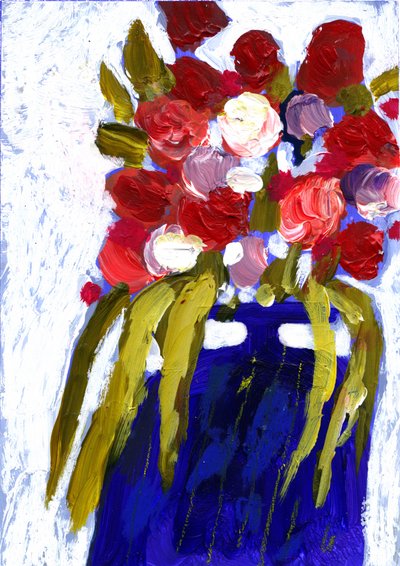 Flores coloridas num vaso azul de Olga Skomorokhova