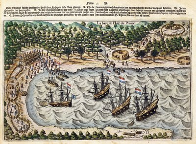 Vista do navio holandês no porto, c.1598-1602 de Olivier van Noort