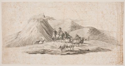 Paisagem islandesa com ovelhas e cavaleiros de Oluf Olufsen Bagge