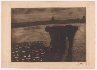 Homem e mulher trabalham no leito de um rio durante a noite de Omer Coppens (signed by artist)