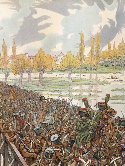 Napoleão cruzando a ponte em Elster com seu exército, com um céu sinistro de Onfray de Breville Job