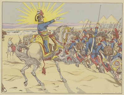 Napoleão inspirando suas tropas na Batalha das Pirâmides, Egito, 21 de julho de 1798 de Onfray de Breville Job