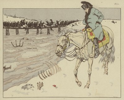 Napoleão observando os restos mortais de seu Grand Armee batendo no Rio Berezina no retiro de Moscou, 1812 de Onfray de Breville Job