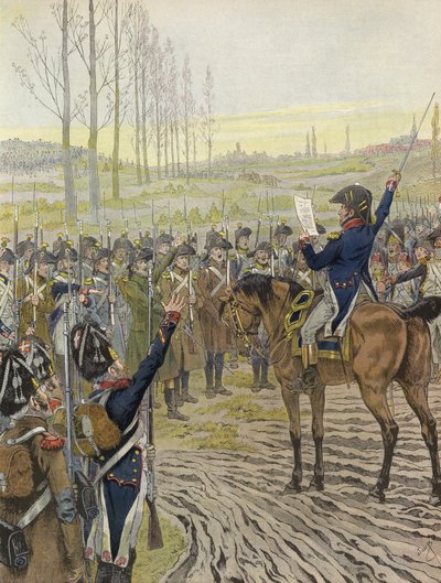 As palavras de Napoleão sendo lido para algumas de suas tropas durante a campanha do Reno, 1805 de Onfray de Breville Job