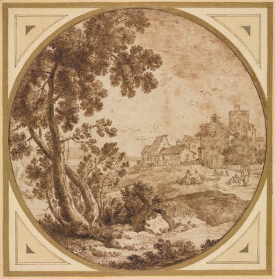 Paisagem com edifícios e figuras de Onorio Marinari