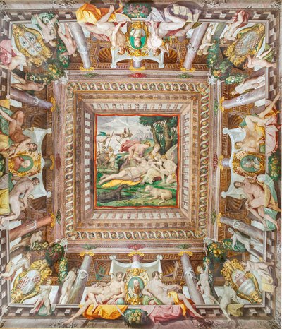 Vista do teto da Sala de Adonis e as pedras memoriais dos membros da família Rossi, Gonzaga, Riario e Medici, Rocca dei Rossi, San Secondo, Parma, Itália de Orazio (attr.to) Samacchini