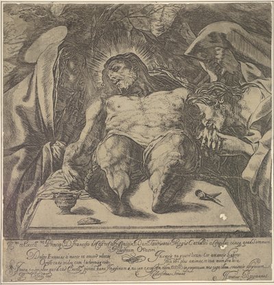 Lamentação sobre o corpo de Cristo pelas três Marias, um pote de pomada sobre a mesa para ..., 1615. de Orazio Borgianni