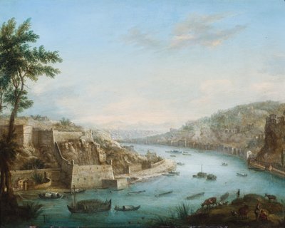 Vista de uma cidade num rio com navegação (óleo sobre metal) de Orazio Gravenbroeck