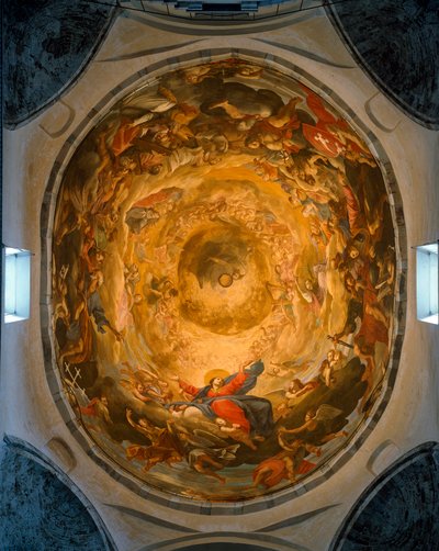 Vista interior da cúpula. Fresco retratando a Assunção da Virgem por Orazio e Girolamo Riminaldi (século XVII) de Orazio Riminaldi