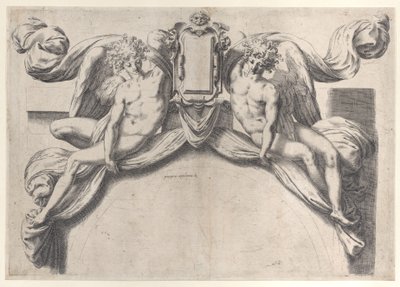 Dois anjos sustentando uma cartela ou escudo, 1568-77., 1568-77. de Orazio de Sanctis