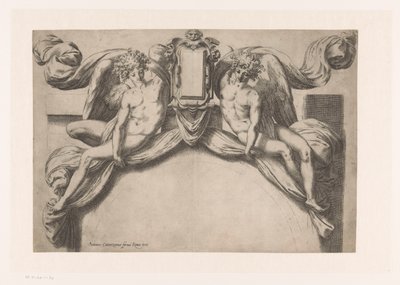 Desenho para uma moldura de porta com dois génios que seguram o cartucho de Orazio de Santis (attributed to)
