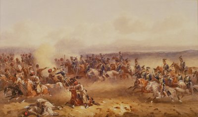 Um esquadrão do 10º hussardo derrota os russos em Tchernaya, 16 de agosto de 1855, c.1890 de Orlando Norie