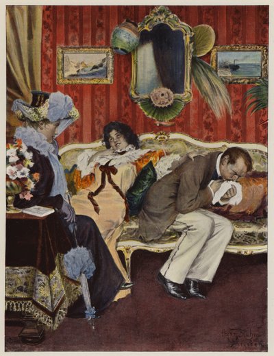 Casal recém-casado em lua-de-mel, com o marido a sofrer de tosse (cor litho) de Oscar Bluhm
