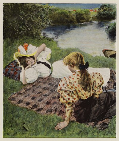 Duas jovens mulheres relaxando na margem de um rio discutindo estar apaixonadas (cor litho) de Oscar Bluhm