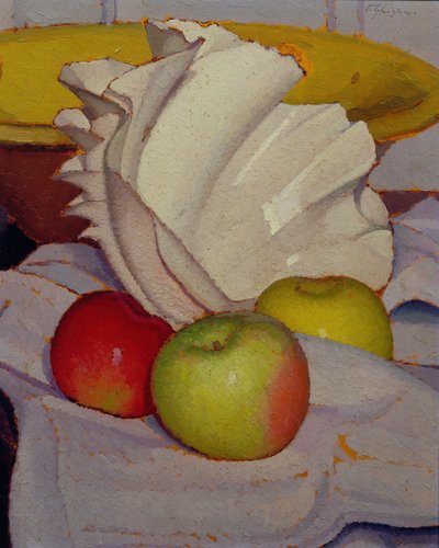 Composição com concha e três maçãs (óleo sobre cartão) de Oscar Ghiglia