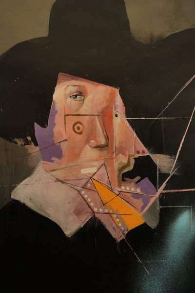 Pormenor de Remembering Rembrandt, 2019-24 (óleo e acrílico sobre tela) de Oscar Nin